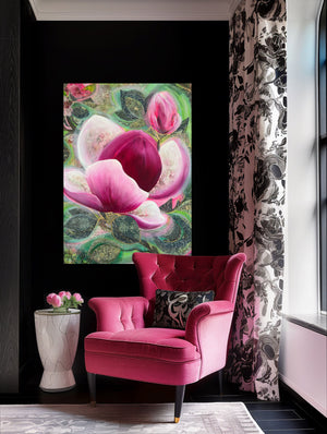 Pink armchair in a room with a floral painting on the wall and decorative elements.