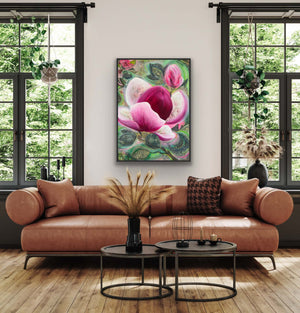 Living room with a brown leather sofa, decorative pillows, and a floral painting on the wall.