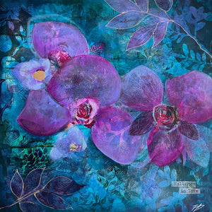 An expressive mixed-media painting of purple orchids against a textured teal and blue background with gold linework accents and the words 'fall in love' in the lower right.