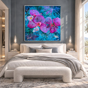 Abstract purple and blue floral art in bedroom setting. White floater frame. Modern living. Large floral art on the wall.
