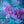 An abstract floral painting featuring large purple orchid-like blossoms over a textured blue and teal background with metallic-looking linework and brushstrokes.