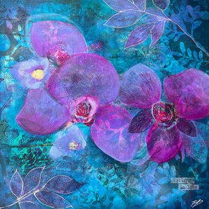 An abstract floral painting featuring large purple orchid-like blossoms over a textured blue and teal background with metallic-looking linework and brushstrokes.