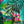 Abstract botanical artwork with layered tropical leaves, bright pink circular forms, and vertical teal-blue bars over a textured turquoise and green background.