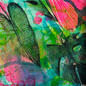 Abstract tropical artwork featuring large green palm and monstera leaves layered over vivid pink, teal, and turquoise paint textures with gold leaf accents.