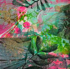 Abstract mixed-media artwork featuring layered botanical elements, including painted leaves and splashes of pink, green, teal, and gold on a textured canvas-like surface.