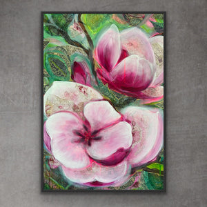 Framed artwork of pink flowers on a gray wall