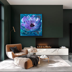 Modern living room with a large abstract painting of a purple flower on a dark wall.