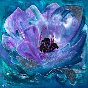Abstract artwork with a large purple flower-like shape on a blue background