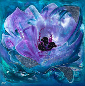 Abstract artwork with a large purple flower-like shape on a blue background