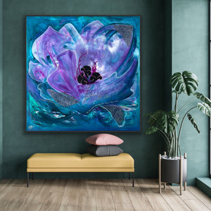 Large abstract floral on canvas in blue and purple tones displayed in a modern interior above a yellow bench.