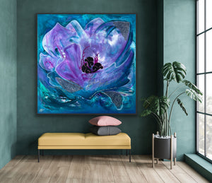 Large abstract floral painting in blue and purple tones displayed in a modern interior above a yellow bench.