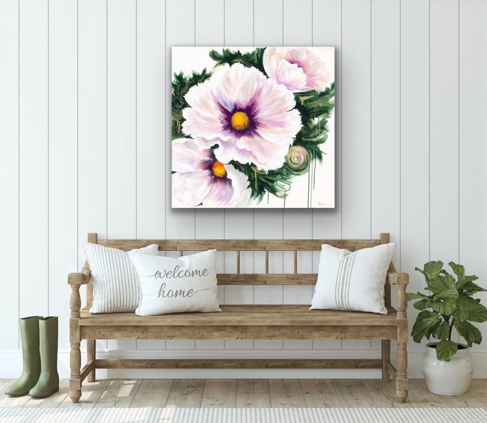 white poppies print on canvas