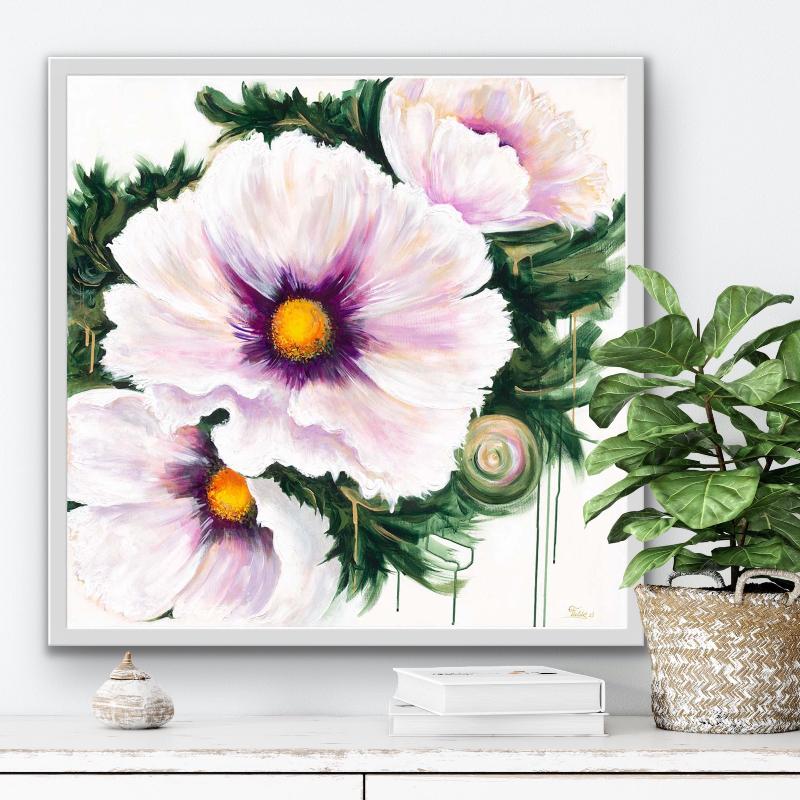 Beautiful white poppies printed on paper and framed.