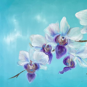 Artistic depiction of white and purple orchids on a light blue background