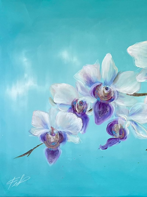 Artistic depiction of white and purple orchids on a light blue background
