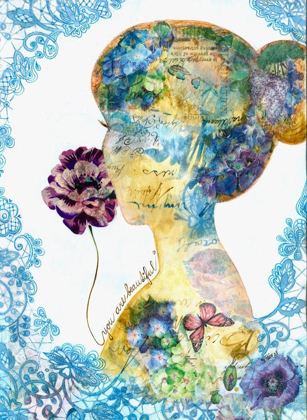 "You are beautiful" original portrait collage - editafieldsart