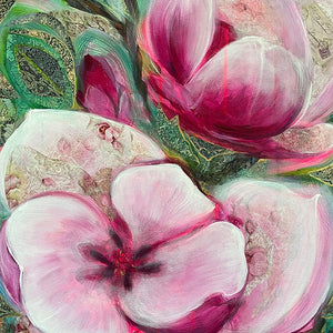 Artistic depiction of pink flowers with a colorful abstract background