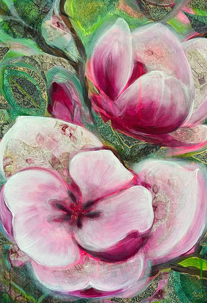 Artistic depiction of pink flowers with a colorful abstract background