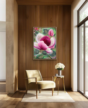 Decorative floral painting on a wooden wall above a beige armchair in a modern room.