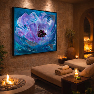 Blue abstract floral canvas wall art in luxury spa interior with warm ambient lighting