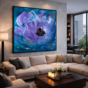Large abstract floral wall art on a wall above sofa in modern living room interior