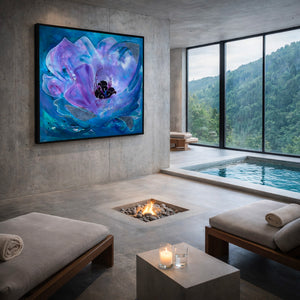 Modern indoor setting with a large floral painting, fire pit, and view of mountains. Large floral on canvas.