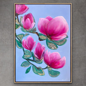 Luxury magnolia canvas print with pink flowers in a natural oak floating frame