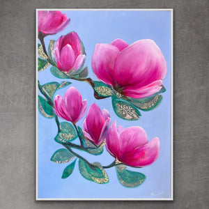 Luxury magnolia canvas print with pink flowers in a white floating frame