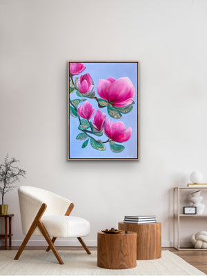 Luxury magnolia canvas print with soft pink flowers and feminine energy, floral wall art for elegant home decor.