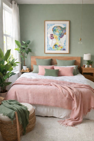 Framed pastel artwork above a styled bed in a green bedroom interior.