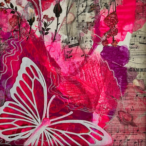 Abstract mixed-media artwork featuring layered pink and magenta textures, musical sheet music, floral elements, and a large white butterfly silhouette in the lower left.