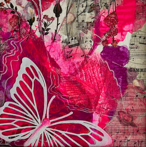 Abstract mixed-media artwork featuring layered pink and magenta textures, musical sheet music, floral elements, and a large white butterfly silhouette in the lower left.