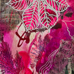 Mixed-media abstract botanical artwork featuring layered pink and magenta leaf shapes, white lace-like leaf outlines, dark red calligraphic marks, and vintage sheet music text on a textured canvas background.