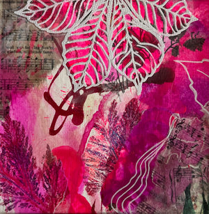 Mixed-media abstract botanical artwork featuring layered pink and magenta leaf shapes, white lace-like leaf outlines, dark red calligraphic marks, and vintage sheet music text on a textured canvas background.