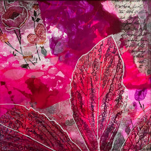 Abstract mixed-media artwork featuring layered magenta, pink, and deep red leaf-like forms over a textured background with floral sketches, script writing, and paint splashes.