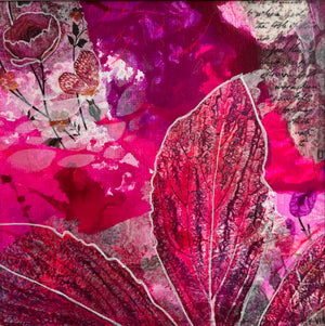 Abstract mixed-media artwork featuring layered magenta, pink, and deep red leaf-like forms over a textured background with floral sketches, script writing, and paint splashes.
