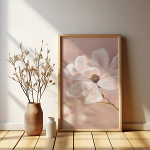 Framed floral artwork on a wall with a vase and decorative items on a wooden floor.